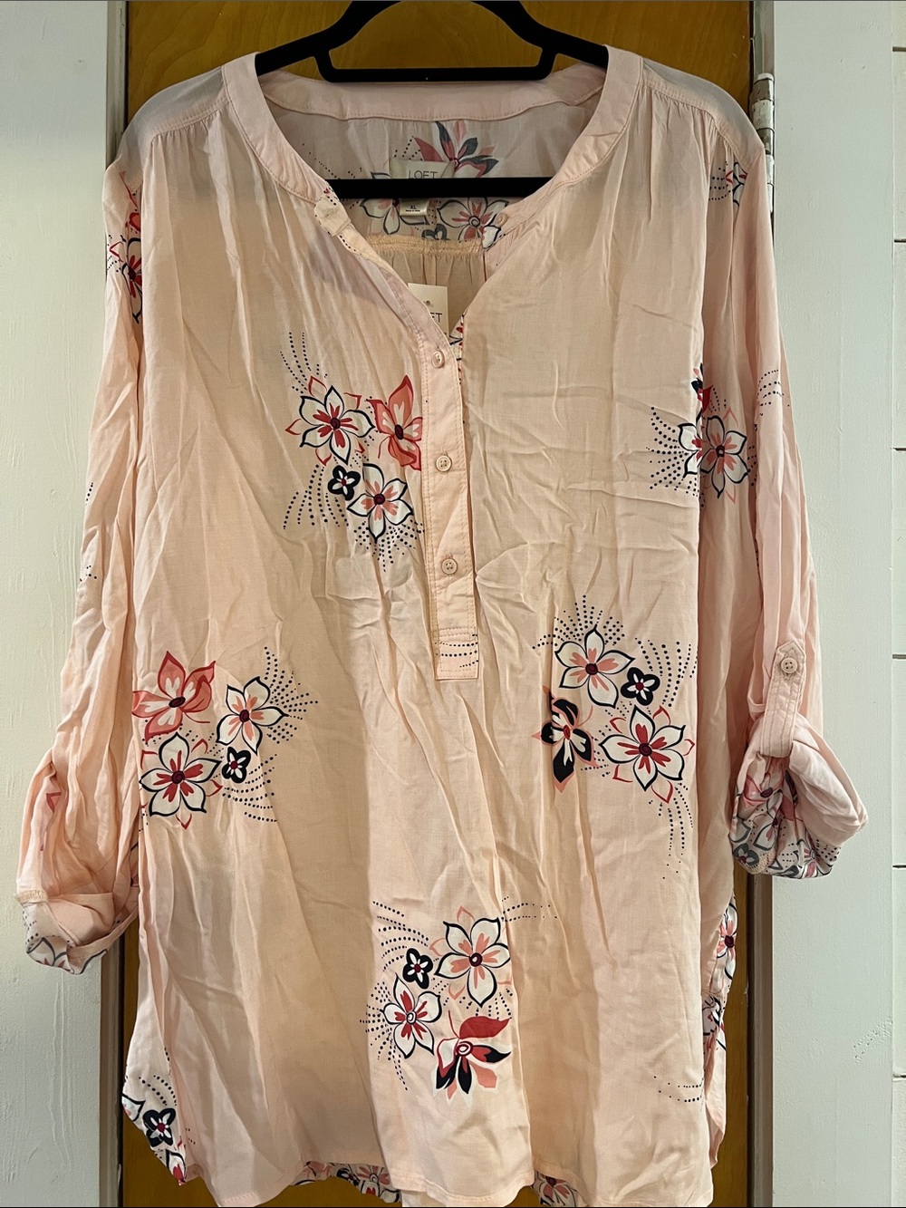 LOFT Pale Pink Floral Button-Neck Tunic